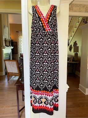 Chico’s brown with white red orange design maxi dress Sz 12